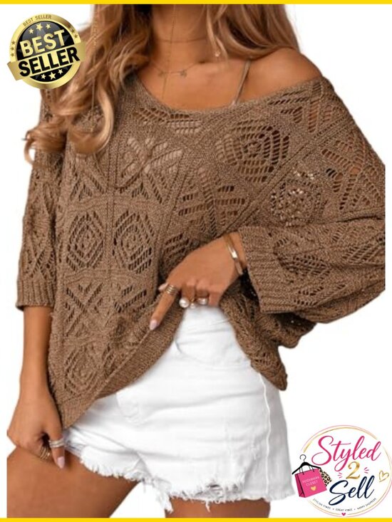 Sweaters - Dokotoo Crochet Hollow Out 3/4 Sleeve Pullover Sweater Off Shoulder Top